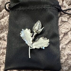 Silver Floral Bud Brooch - Leaf Accent Pin